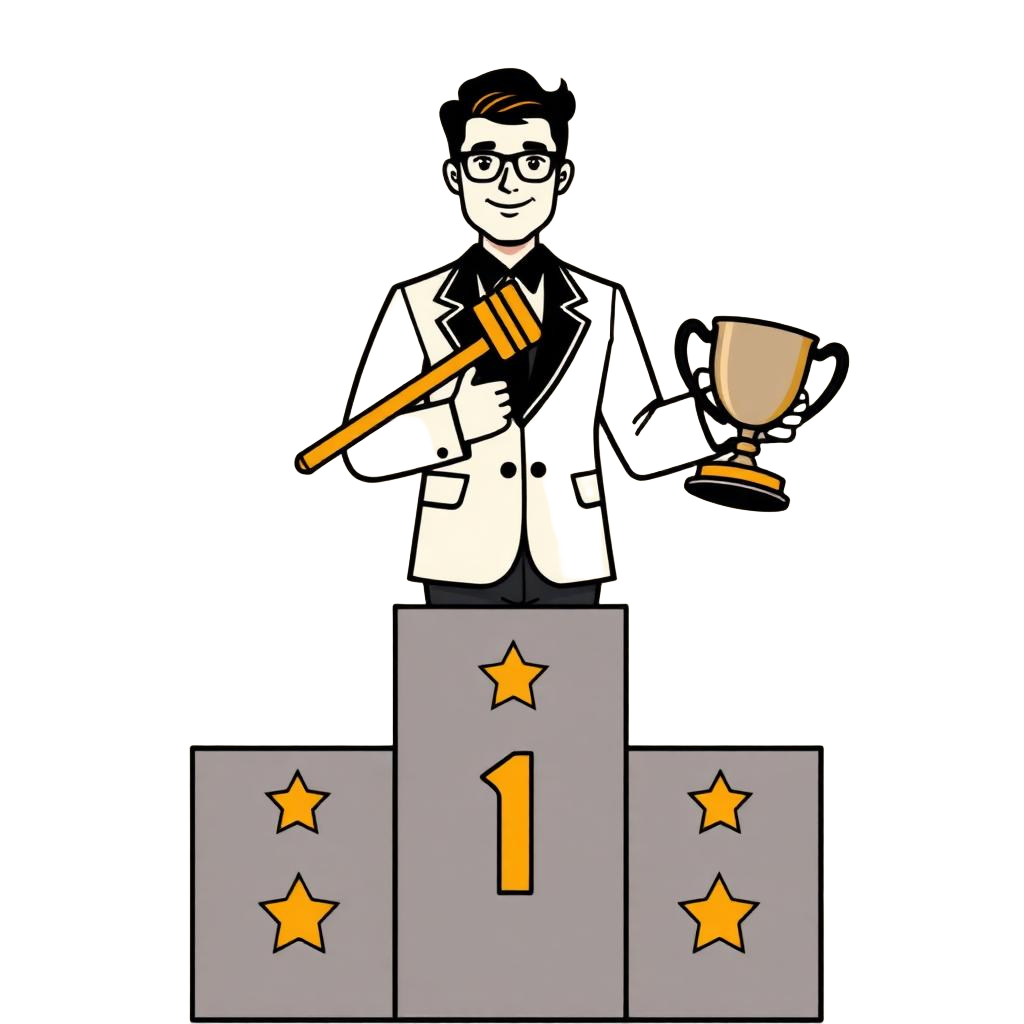 Attorney holding gavel and trophy on a winner podium