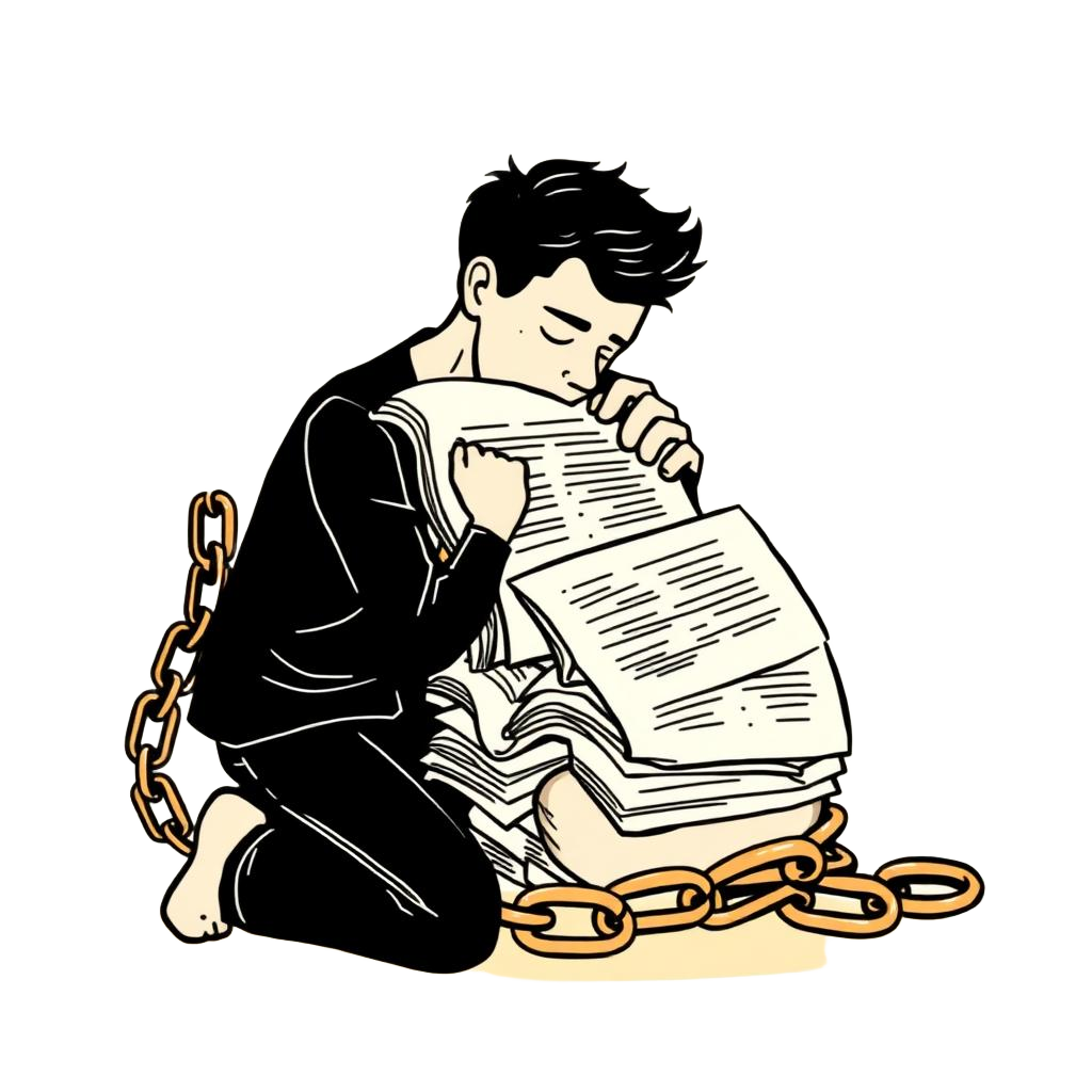 Person weighed down by legal paperwork